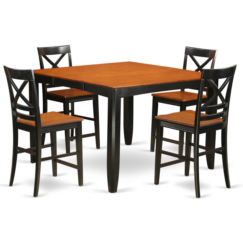 5 Piece Counter Height Pub Set Includes a Square Dining Table with Pedestal and 4 Kitchen Dining Chairs, Black & Cherry