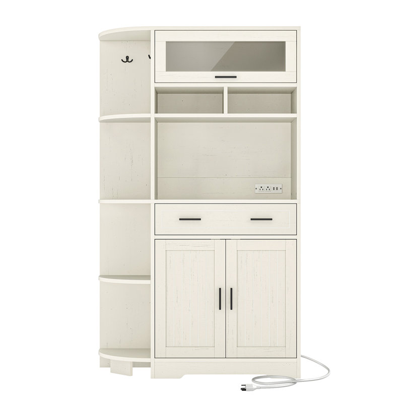 67" Kitchen Pantry With Microwave Shelf And Charging Station, White