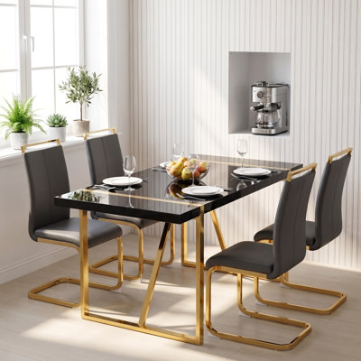5-Piece 55" Modern Rectangular High-Gloss Dining Set with Faux Leather Chairs