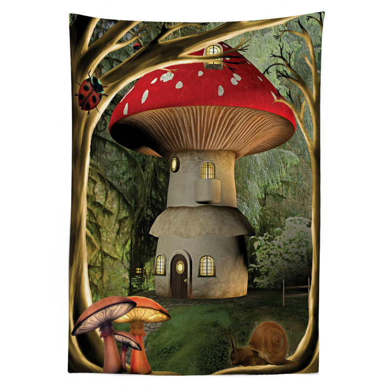 Ambesonne Mushroom Tablecloth, Shroom House In Enchanted Forest With Ladybug And Snail Whimsical Tree, Rectangular Table Cover For Dining Room Kitchen Decor, 52" X 70", Red Pale Coffee Green