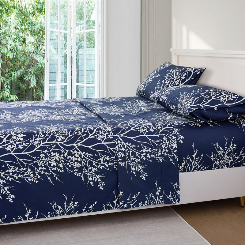 Ensemble de draps en microfibre Foliage, Ensemble de draps pour lit simple avec un drap-hou, Bleu marine / Ivoire