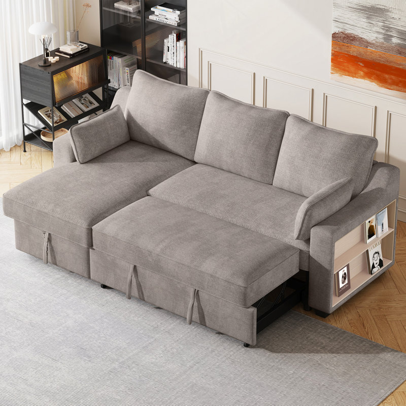 Canapé modulaire, canapé-lit escamotable en L de 90 po avec méridienne, rangement et supports USB, Marron clair