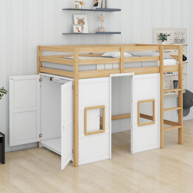 Solid Wood Twin Size Loft Bed With Built-In Storage Wardrobe And 2 Windows, White