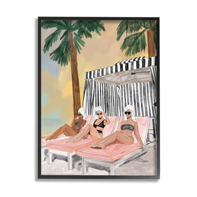 Au-432-Giclée de filles en été, auvent de plage encadré sur bois par Amelia Noyes, impression