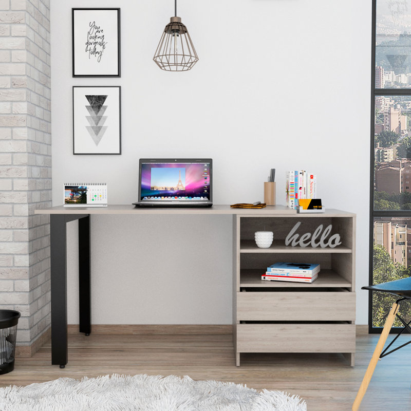 Malaui 120 Light Gray Desk With Two Legs, Two Drawers, And Two Shelves For Modern Workspaces