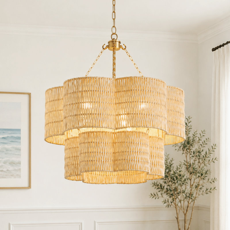 Lustre festonné 20 po à 3 lumières à double abat-jour en rotin, 2 étages