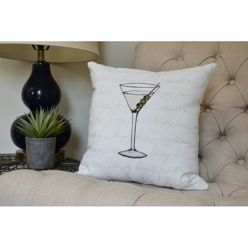 Palm Beach Martini Glass Happy Hour Print Outdoor Square Pillow Cover and Insert, Green, 20"x20"