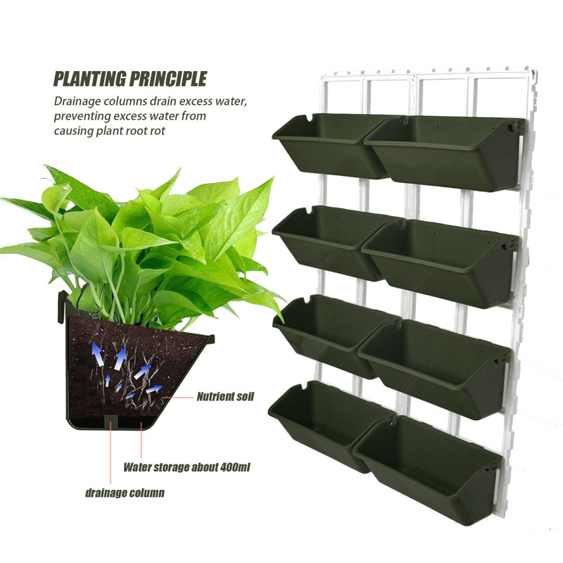 8-Pot Vertical Wall Planter, Hanging Balcony Garden Rack, Dark Green