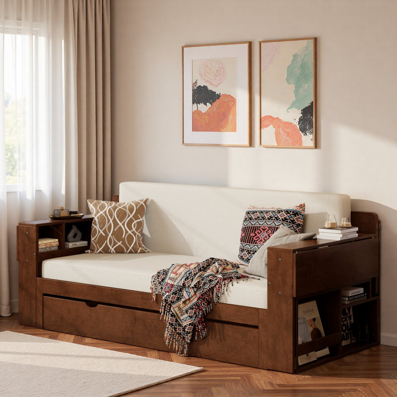 Multifunctional Daybed With Storage Drawer, Open Compartments And Hydraulic Side Table, Brown