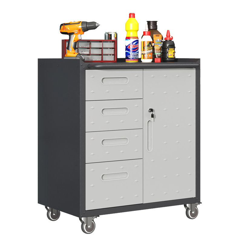 Heavy-Duty Mobile Tool Cabinet with 4 Drawers & Lockable Door, Full-Extension Ball Bearing Slide Rolling Garage Storage, Gray