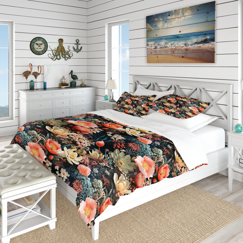 Literie à motif tropical Oceanic Gardens, Housse de couette pour grand lit et 2 taies décor