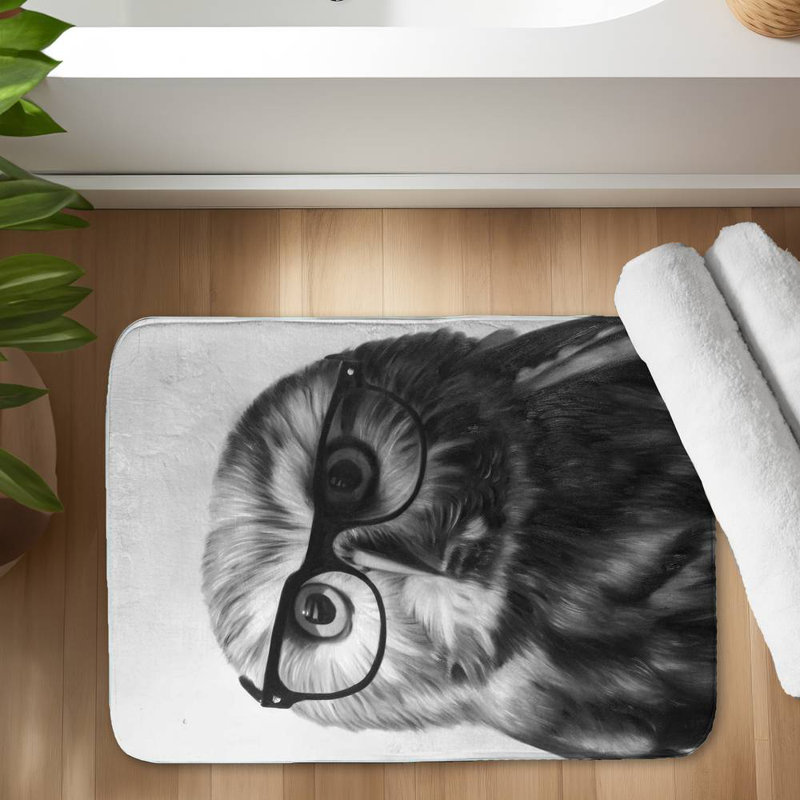 Northern saw-whet owl with glasses Bath Mat with Non-Slip Backing - Quick Dry Memory Foam Bathroom Rug - Absorbent - Modern Plush Spa-Style - Machine Washable
