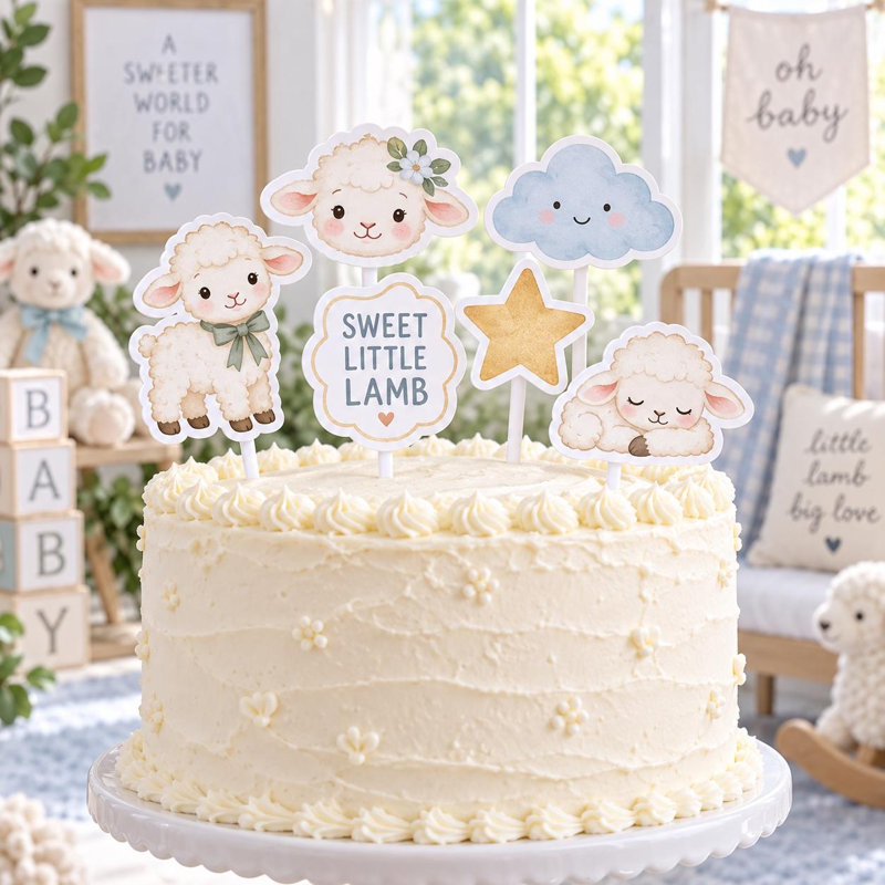 Little Lamb Cake Topper Set, 6 Unique Baby Shower Designs, Cardstock
