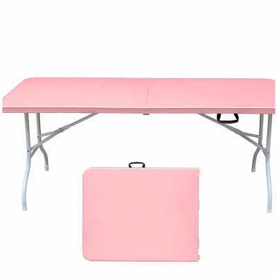 8ft Pink Folding Table, Portable Plastic Table for Camping, Picnics, Parties, High Load Bearing Foldable Table