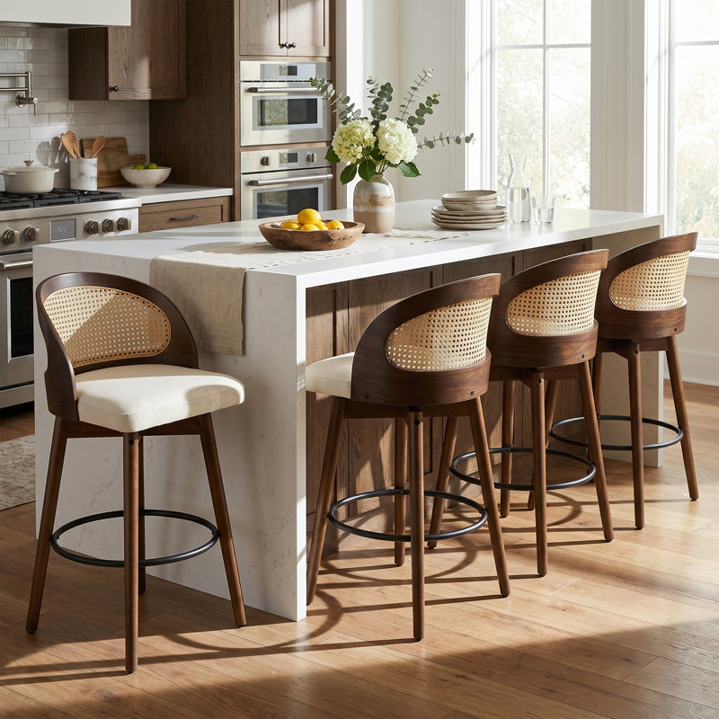 Ensemble de 4 tabourets de bar pivotants en noyer tissé avec structure en bois d'hévéa et dossier en polyéthylène