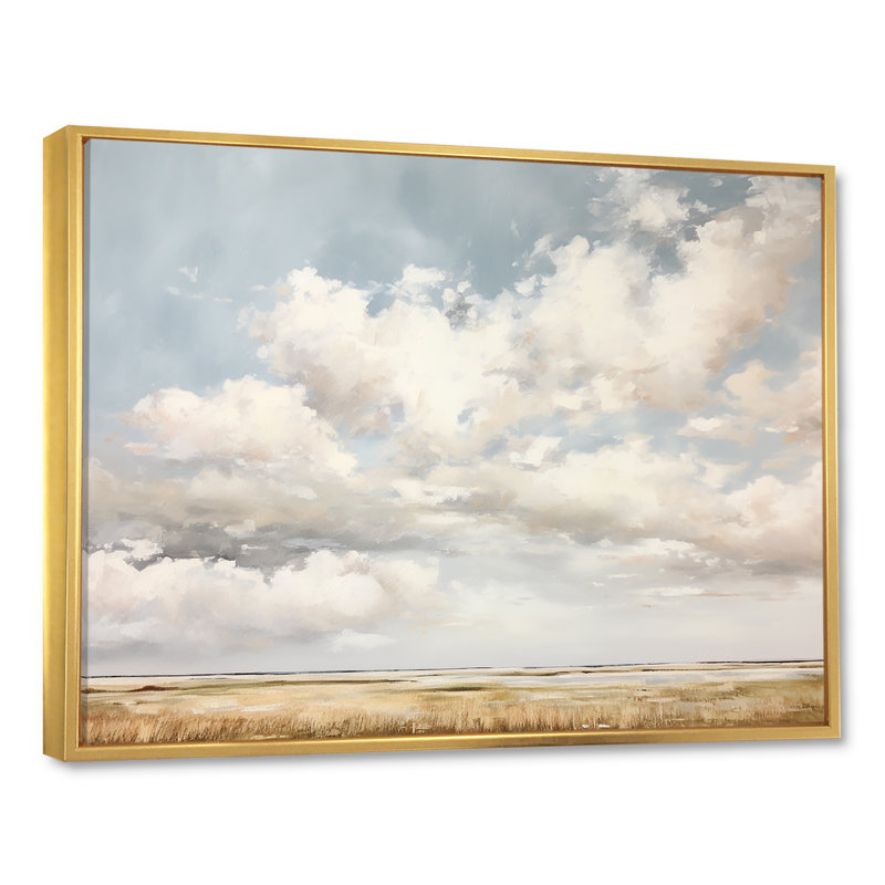 Nuage blanc paysage minimaliste - décoration murale nuages, H 24 po x l 32 po x P 1 po, Cadre flottant doré