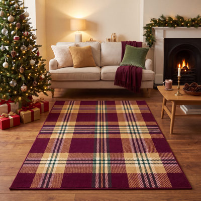 Trabzon Christmas Rug Modern Checkered Burgundy Gold Cream Non-Slip Low Pile Indoor Outdoor Pet Friendly Living Room Bedroom Dining Room Entryway Hallway Office Xmas Rugs Holiday Doormat Washable Rug