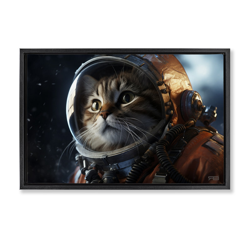 «Astronaut Cat in Space» par Roozbeh Bahramali, H 17 po x l 25 po, Cadre flottant noir de jais
