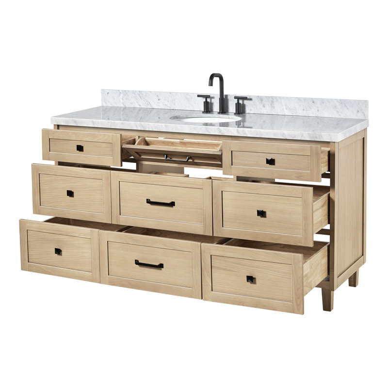 Meuble-lavabo à simple cuve en bois massif de 43 po ARIEL Monrow, Chêne, 42" - 43", Italian Carrara Marble