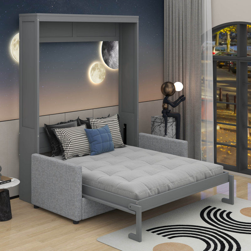 Lit escamotable double avec coussin, Gris
