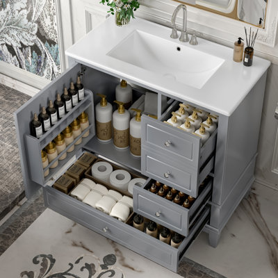 Meuble-lavabo autoportant de 36 pouces avec évier en céramique et fabrication en bois massif Velano