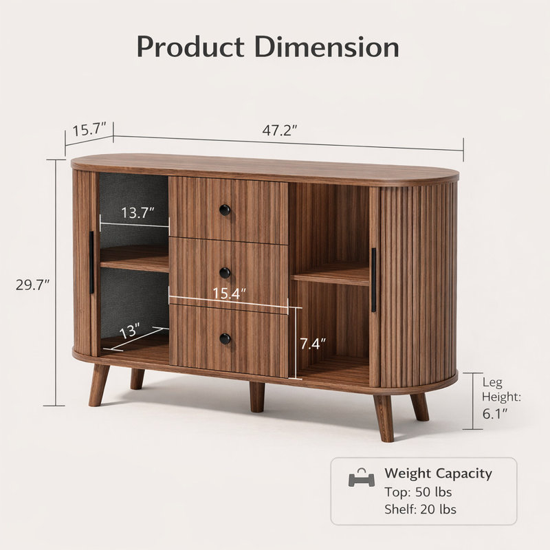 47.2" Buffet Cabinet With Storage, Mid Century Modern Fluted Cabinet With Tambour Doors & Drawers, Wood Sideboard Cabinet For Dining Room, Living Room, Entryway, Walnut