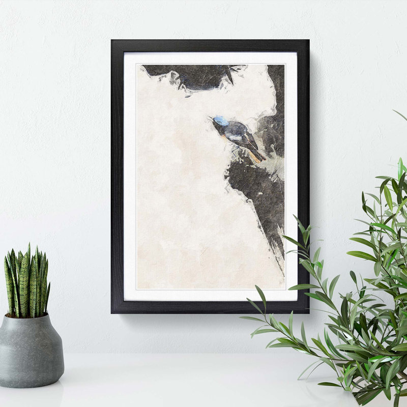 Bird on a Rock by Shibata Zeshin - Picture Frame Painting Print, 36cm H x 27cm W x 2cm D, Black Framed