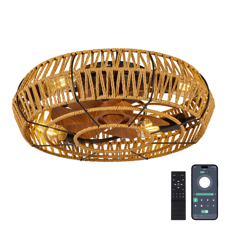 18.9'' Boho Flush Mount Ceiling Fan With Lights, Remote & App Control, Farmhouse Handmade Hemp Rope Cage Fandelier, 6 Speeds Reversible Silent Dc Motor For Bedroom Living Room