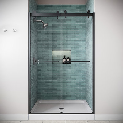 Porte de douche coulissante semi-sans cadre 48 po x 76 po avec quincaillerie en verre trempé noir traité 5/16 po Tirso de Tirso