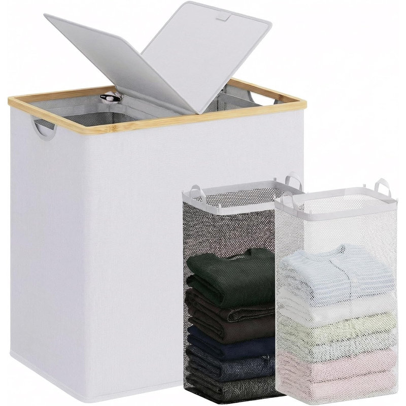 Panier à linge double gris 140 L avec couvercle