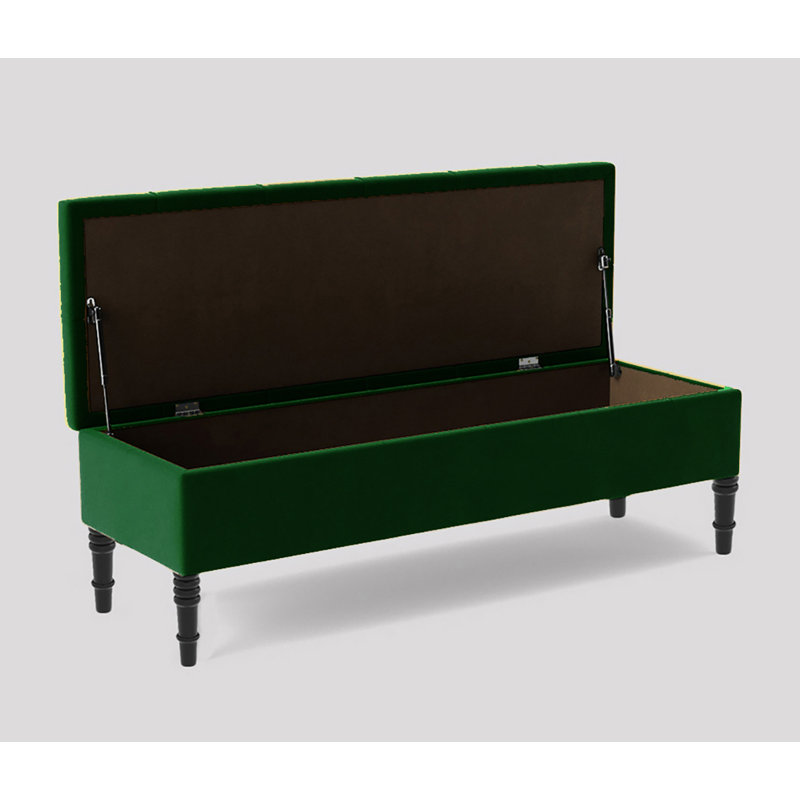 Alyana Wide Tufted Rectangle Ottoman Storage Bench - Upholstery Velvet Shoe Bench with Turned Wooden Legs, Forest Green