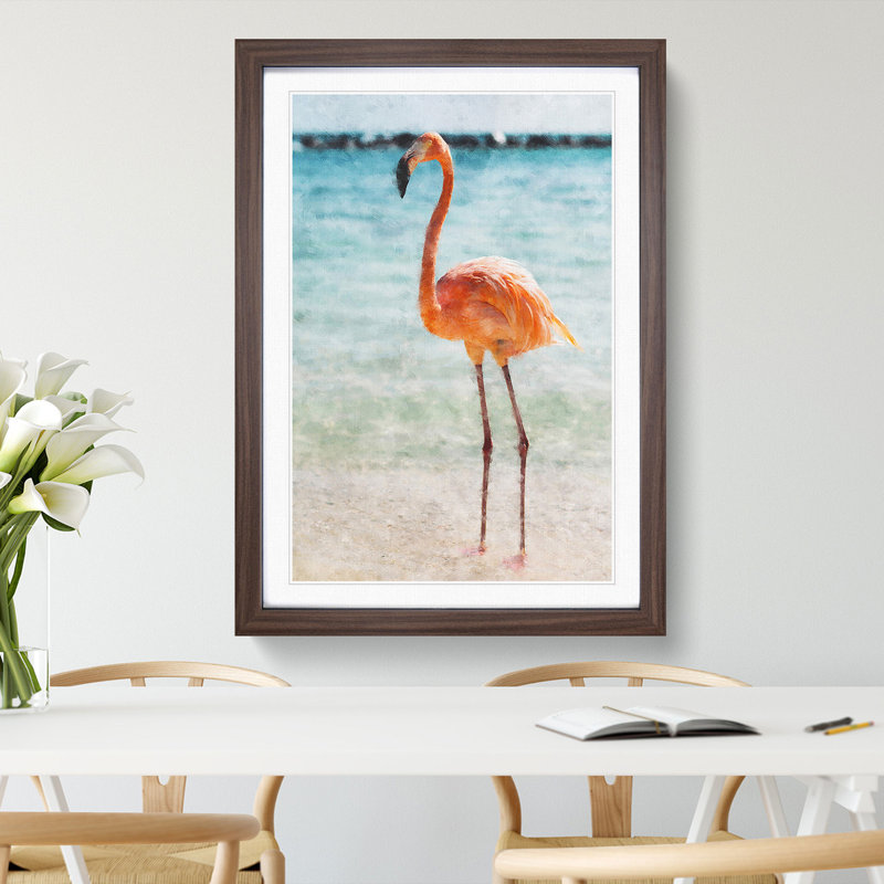 Lone Flamingo - Picture Frame Graphic Art Print, 45cm H x 33cm W x 2cm D, Walnut Framed
