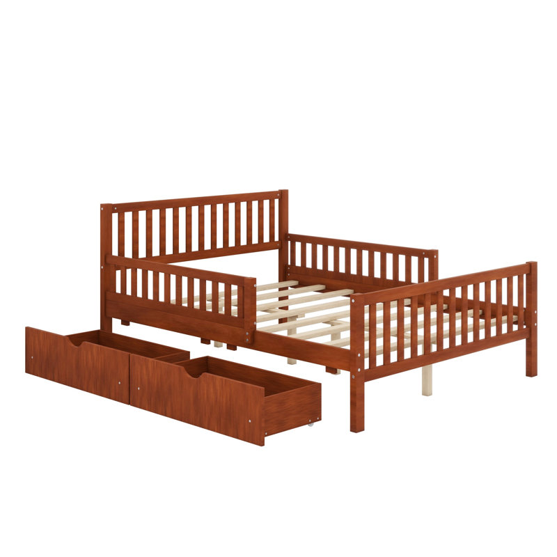 Wood Platform Bed With Guardrails On Both Sides And Two Storage Drawers, Walnut