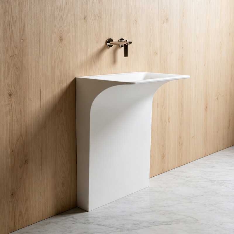 Évier piédestal mural moderne à surface solide sans couture avec drain linéaire caché en blanc mat