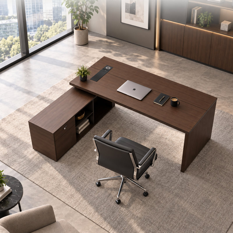 Bureau de direction en L de 180 cm avec rangement, retour réversible, finition noyer