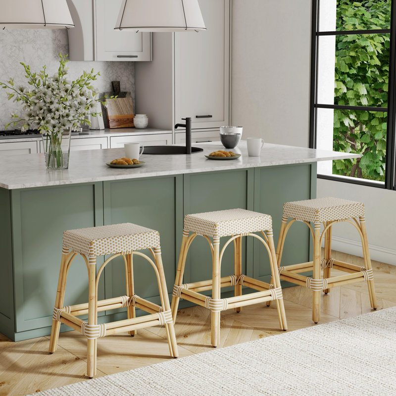 Tabouret de comptoir / de bar Lennart, Blanc / pois brun clair / cadre en rotin naturel