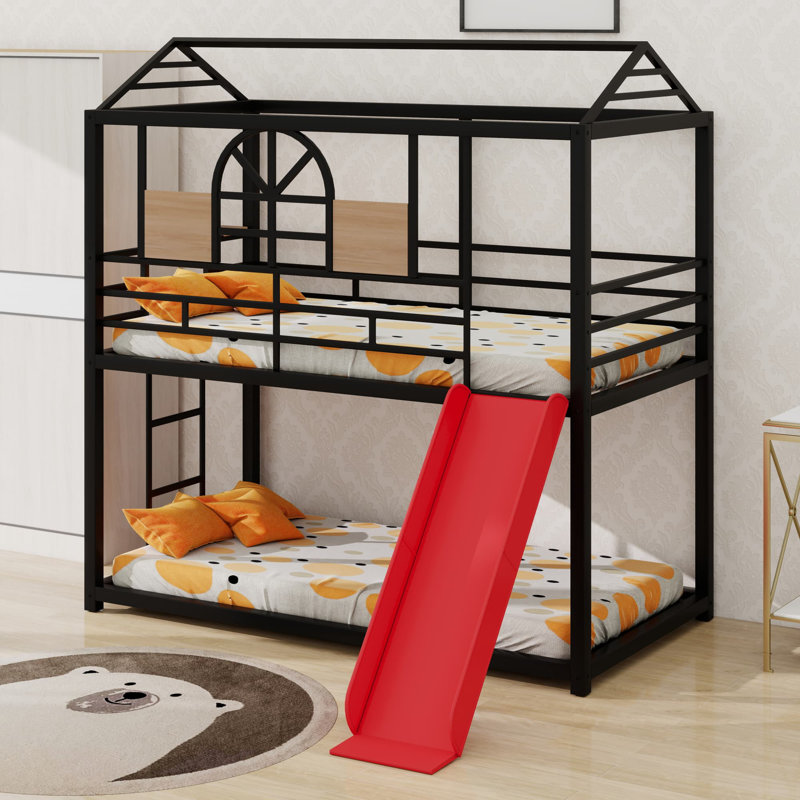 Metal House Bunk Bed With Slide, Black/Red