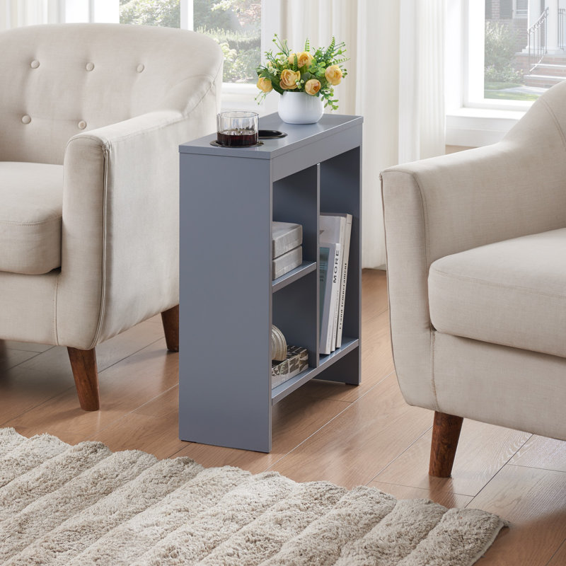 Table d'appoint étroite avec 2 porte-gobelets et 3 tablettes, table de bout mince pour petits espaces - Chêne gris