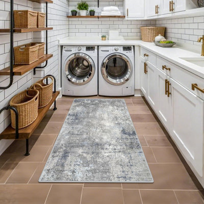 Washable Kitchen Rug - Non Slip Stain Resistant Low-Pile Thin Wide Carpet for Entryway Hallway Bathroom Bedside,Modern Neutral Abstract(Blue Grey)