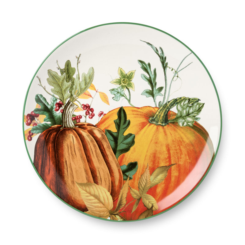 Assiettes à dîner en céramique 11 po Harvest Fields - Ensemble de 4 assiettes rustiques de style campagnard avec citrouille éclatante et motif botanique - Parfait pour les repas d'automne, les festins de l'Action de grâce et les rassemblements confor