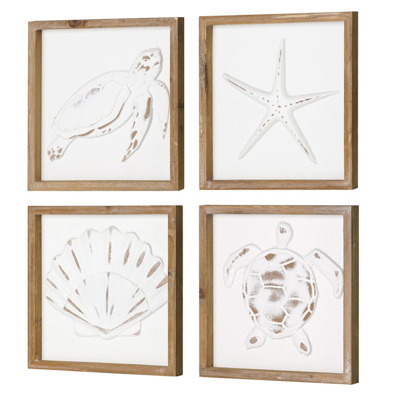 Charilyn 4-Piece Coastal Beach Turtle Seashell Framed Medallion Wall Art Decor Set
