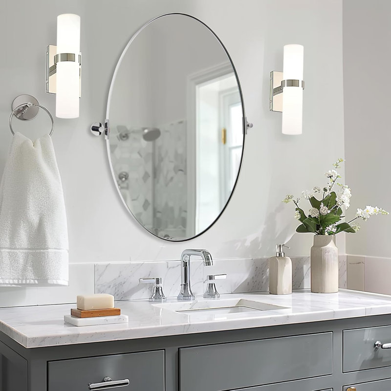  Tilting Oval Bathroom Vanity Wall Mirror | Adjustable Pivot Stainless Steel Frame, Polished Chrome, 34" x 22"