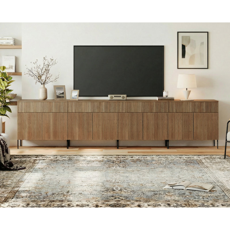 Union Rustic 126" Long Modern Reeded TV Stand With Doors, Entertainment Center With Shelf, Wooden TV Console With Drawers For Living Room