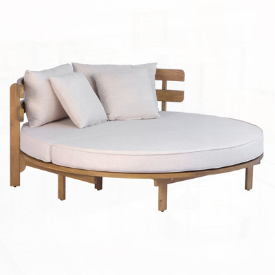 Outdoor Acacia Wood Round Daybed, Patio Lounger with Curved Slatted Backrest, Cushion and 4 Pillows