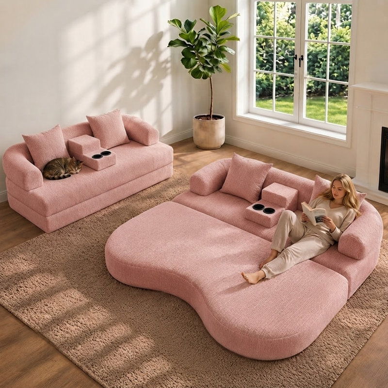Canapé-lit convertible de 70 po, causeuse courbée 2 en 1 avec console centrale amovible et 2 porte-gobelets, Rose