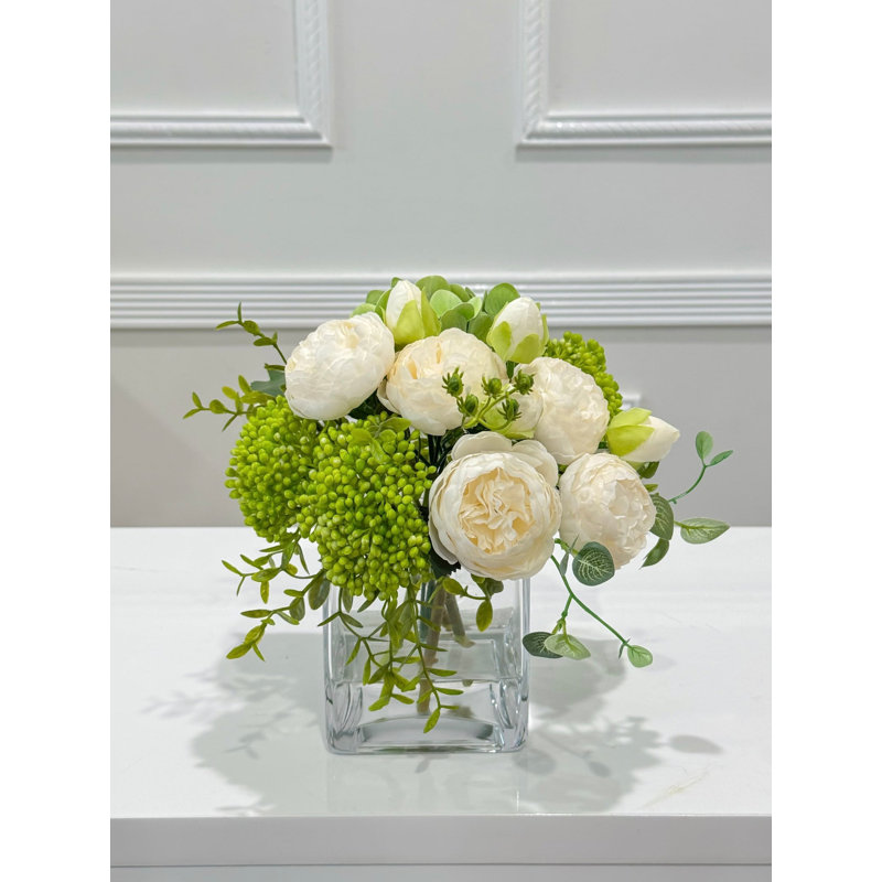 Faux Peony And Hydrangea In Vase, Beige