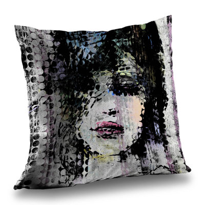 Abstract Colorful Woman Face Dot Pillow | Black Figurative – Poly Twill Throw Pillow with Insert, Double-Sided Print