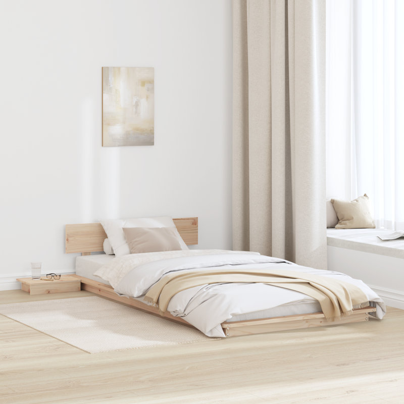 Floor Bed Frame With Bedside Tables Solid Wood, European Single (90 x 200 cm), Beige