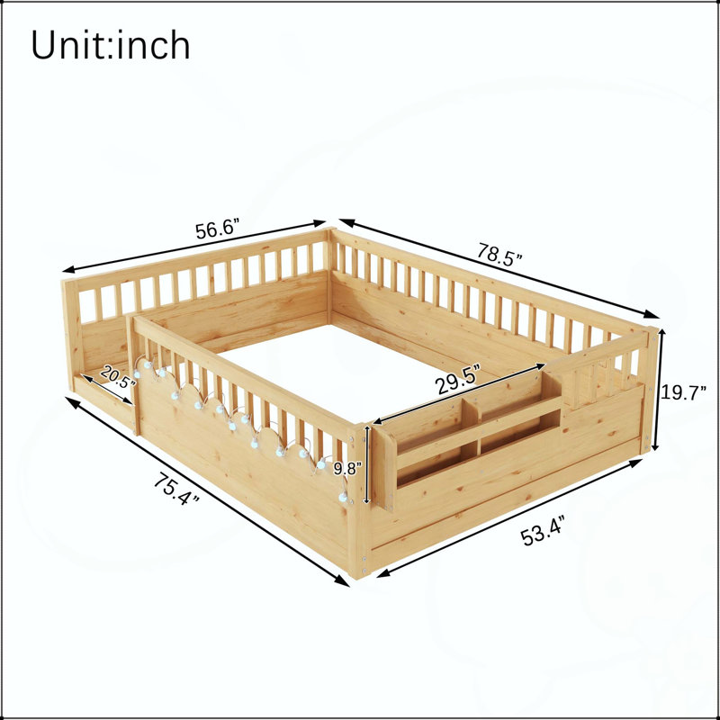 Lit sur pied Montessori avec garde-corps hauts, lumière DEL et tablette de rangement, Lit double, Naturel