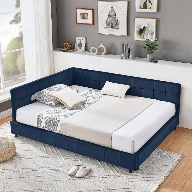 Structure de lit double capitonnée capitonnée, structure de canapé-lit avec dossier et accoudoirs confortables, lit double pour chambre à coucher, salon, velours, bleu foncé (80,5 po x 59 po x 30,5 po)